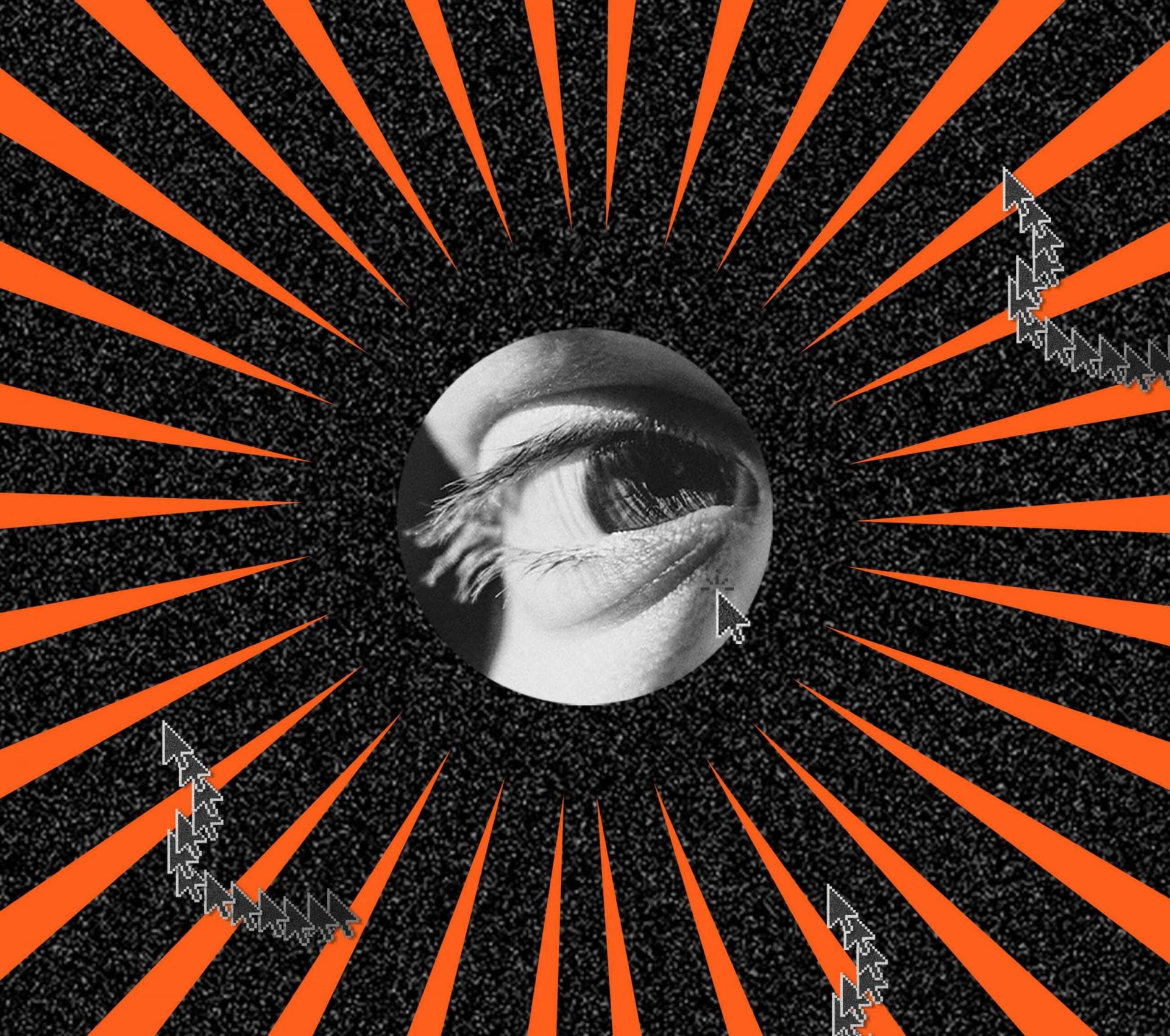 image of an eye peeking through a round hole, surrounded by rays of orange