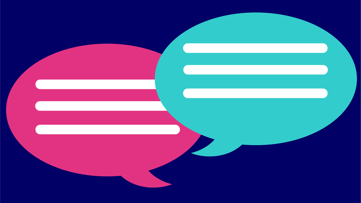Two speech bubbles, one pink and one teal, on a navy background