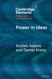 Blue book cover with white and orange texts that reads Cambridge Elements Politics and Communication Power in Ideas by Kirsten Adams and Daniel Kriess