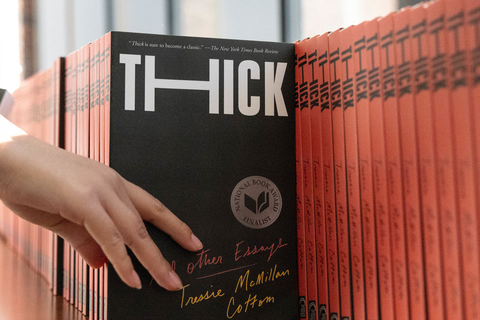 A shot of many of Tressie's book, "Thick" lined up.