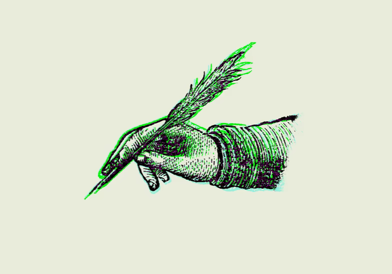 an ink drawing of a hand holding a quill pen, highlighted in neon green