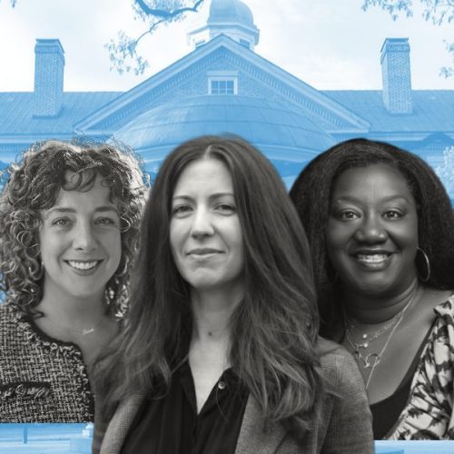 Tressie, Francesca, and Shannon McGregor are superimposed on a blue-hued picture of the South Building with the Well in front.