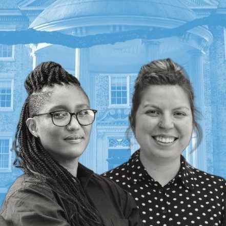 Shannon Malone Gonzalez and Felicity are superimposed in front of a blue-hued picture of South Building and the Well.