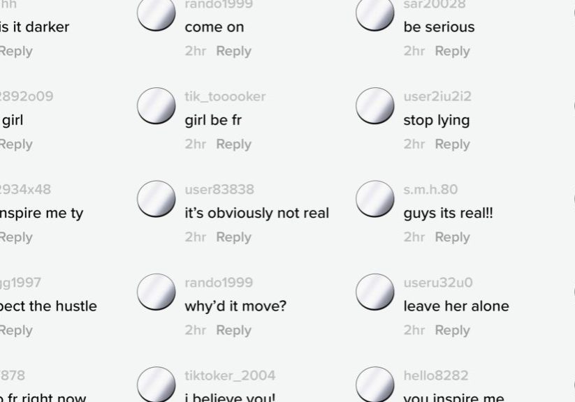 Screencap of comments from TikTok on a user's scar, including statements like "I respect the hustle," "it's obviously not real," and "why'd it move?"